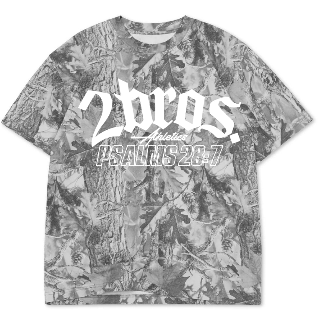 Oversized Psalms 28:7 Grey Camo Tee