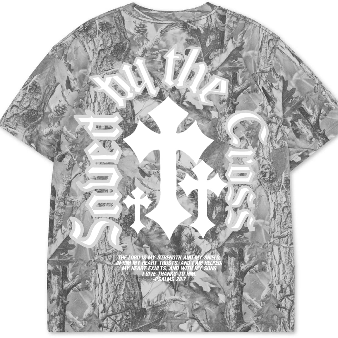 Oversized Psalms28:7/Saved By the cross grey camo tee