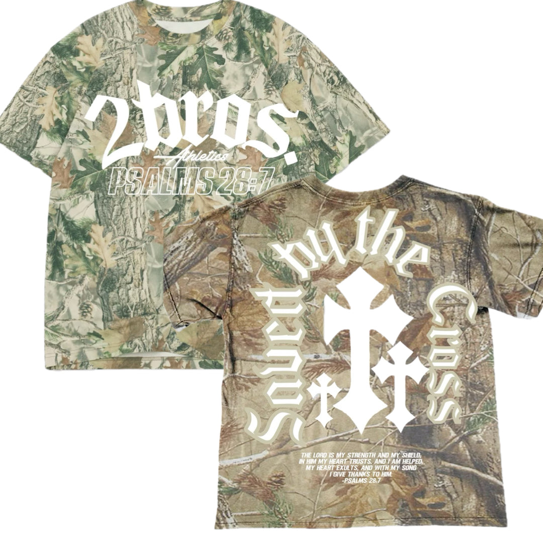 Oversized Psalms28:7/Saved By the cross wood camo tee