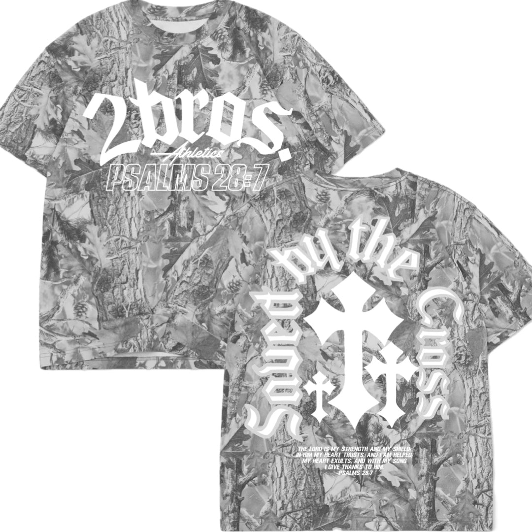 Oversized Psalms28:7/Saved By the cross grey camo tee